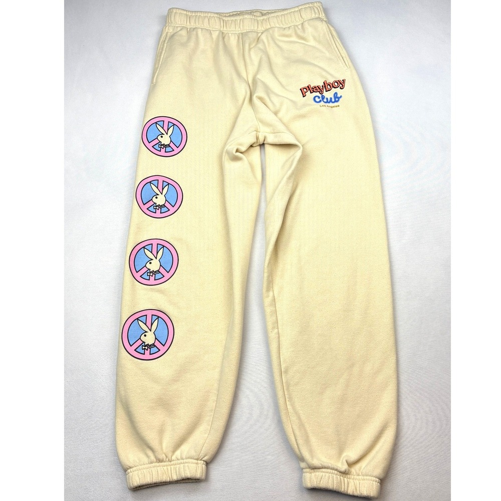 Playboy PacSun Sweatpants Small Yellow Peace Sign Club Los Angeles Fleece Jogger